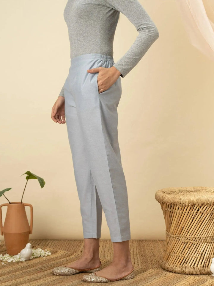 Blue Solid Cotton Trousers - Libas