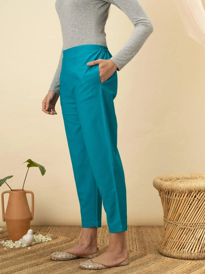 Blue Solid Cotton Trousers - Libas