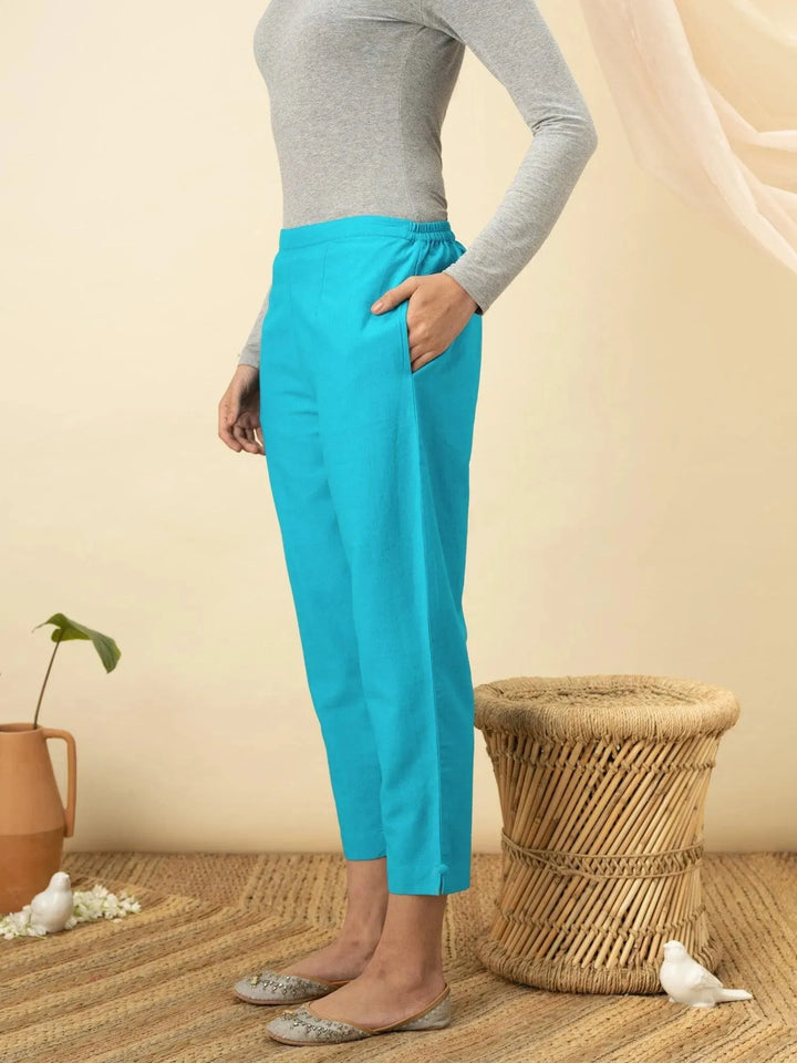 Blue Solid Cotton Trousers - Libas