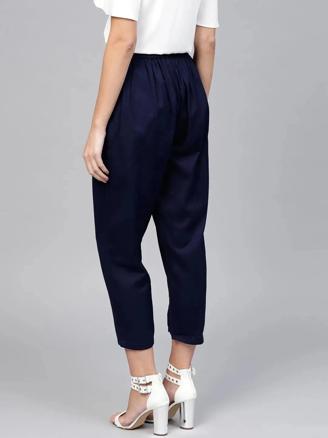 Blue Solid Cotton Trousers - Libas