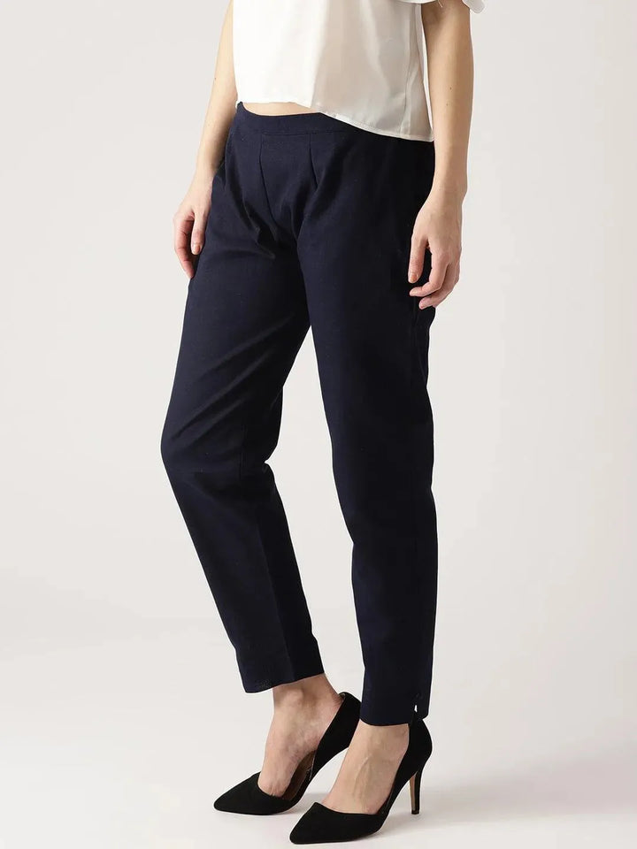 Blue Solid Cotton Trousers - Libas