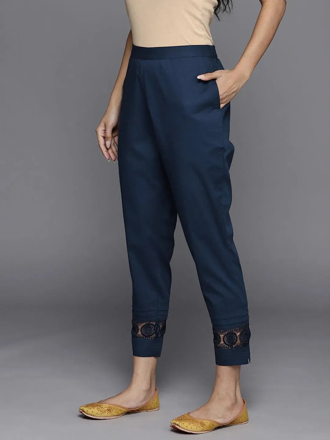 Blue Solid Cotton Trousers - Libas 