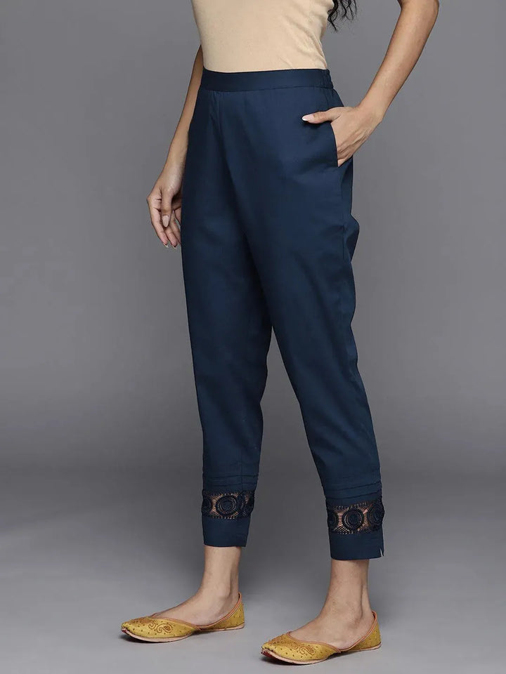 Blue Solid Cotton Trousers - Libas