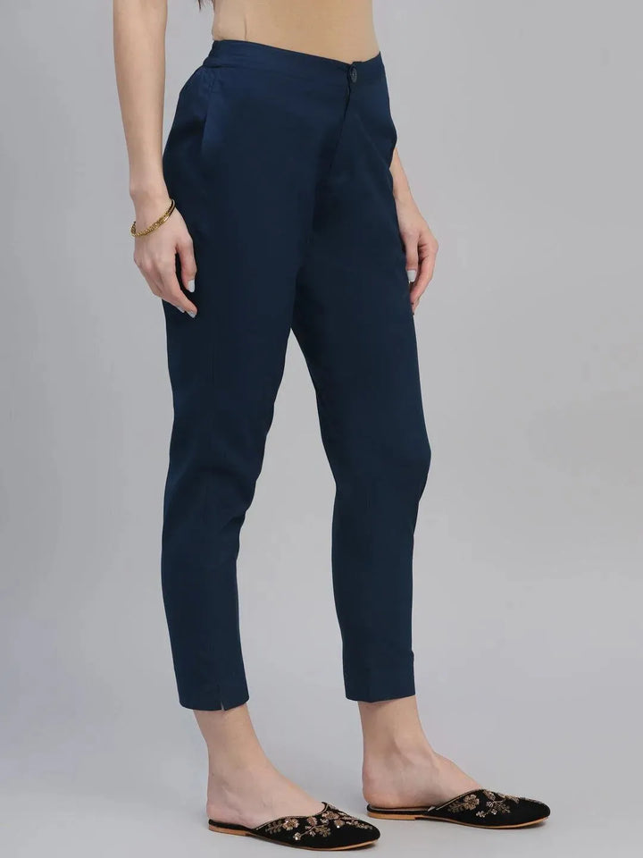 Blue Solid Cotton Trousers - Libas