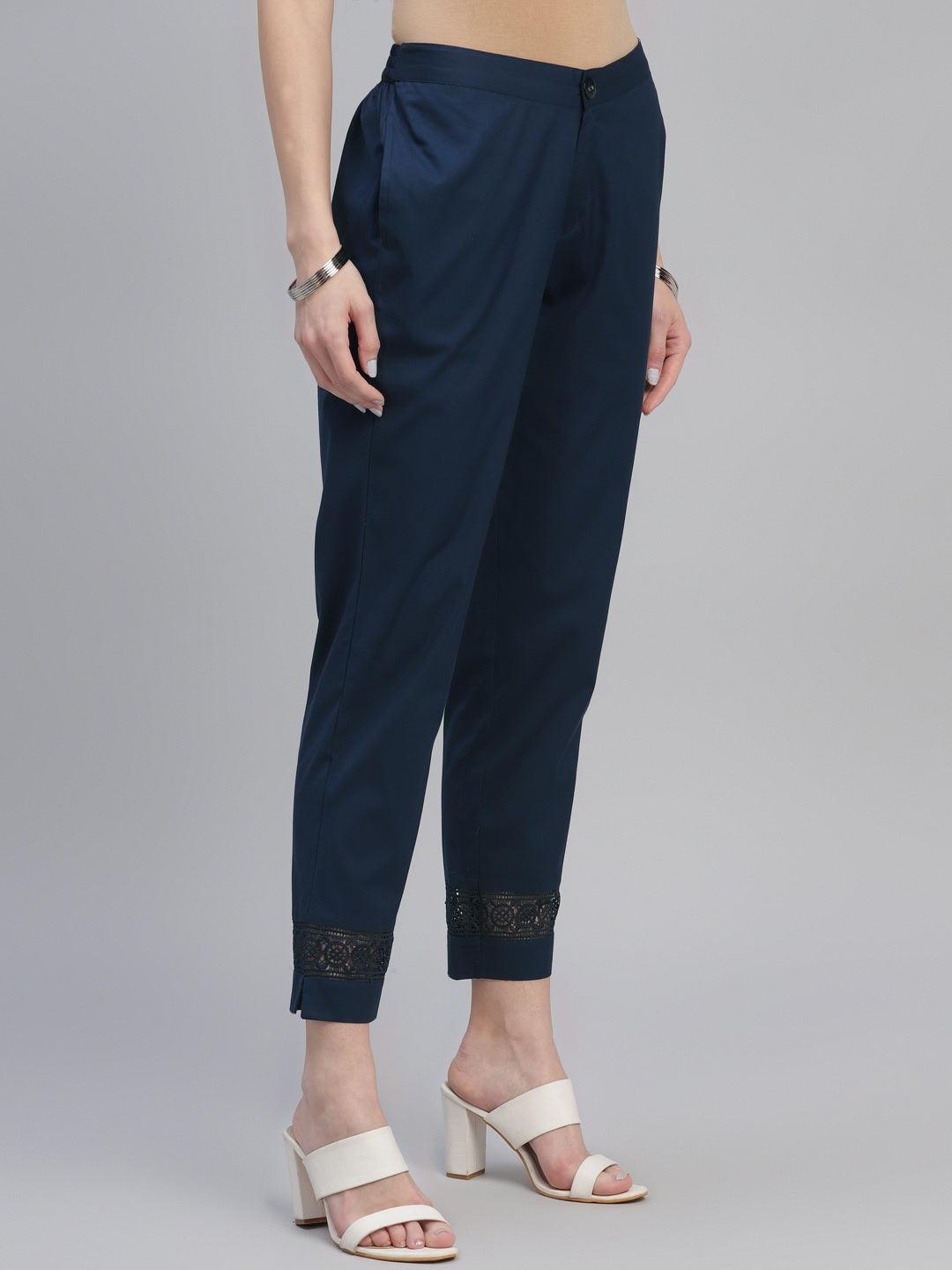 Blue Solid Cotton Trousers