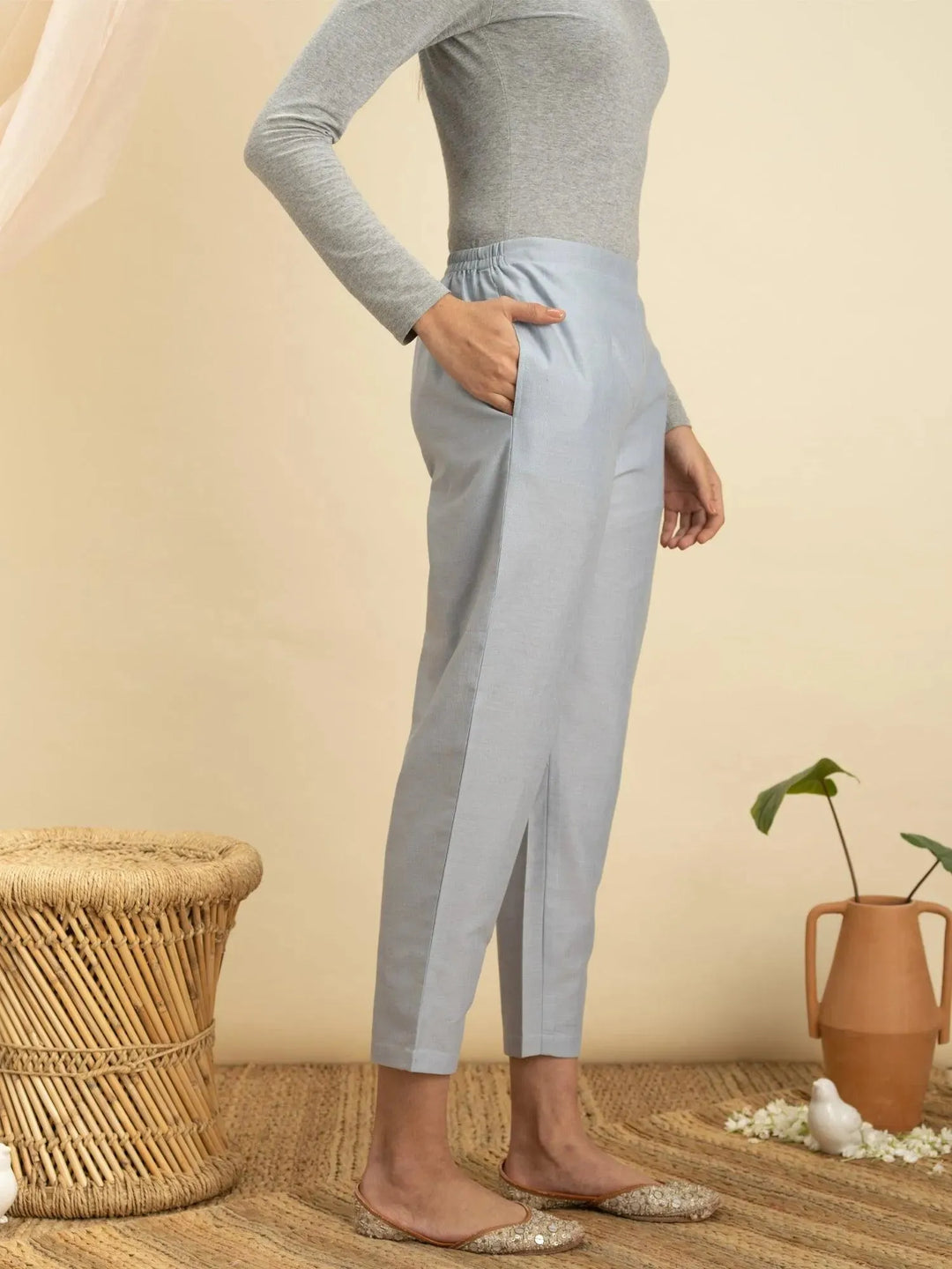 Blue Solid Cotton Trousers - Libas 