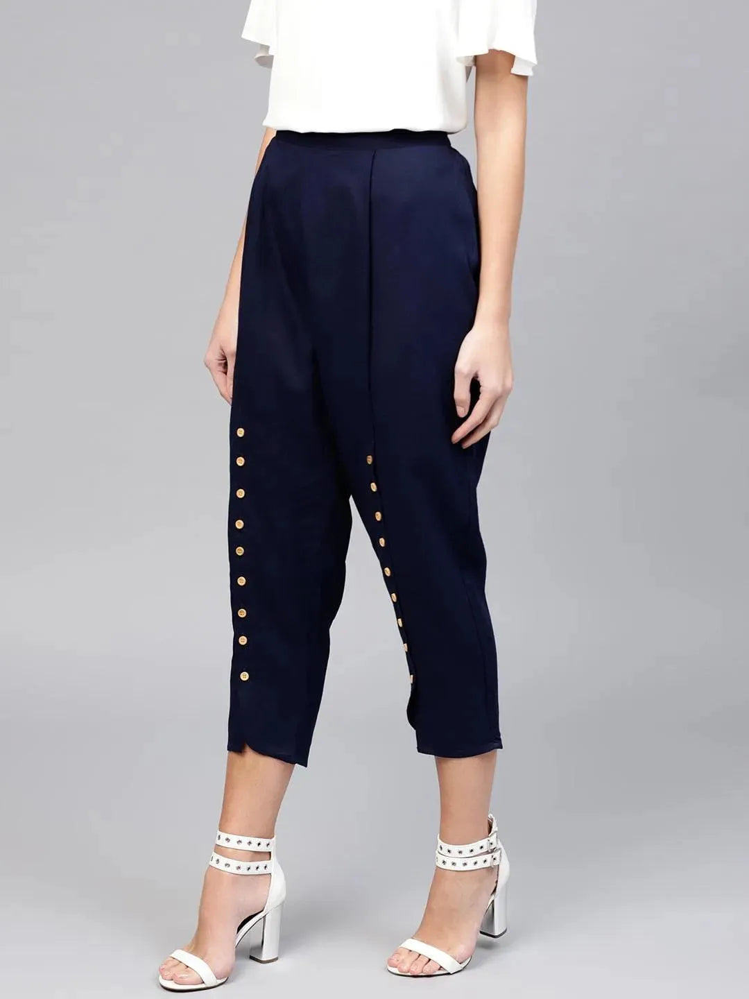 Blue Solid Cotton Trousers - Libas