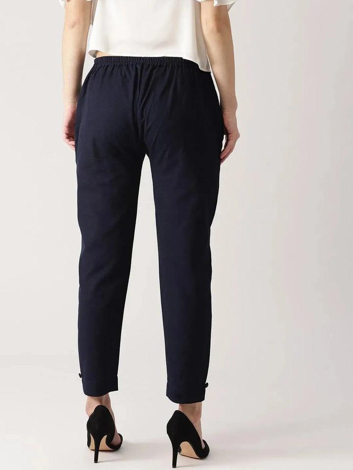 Blue Solid Cotton Trousers - Libas