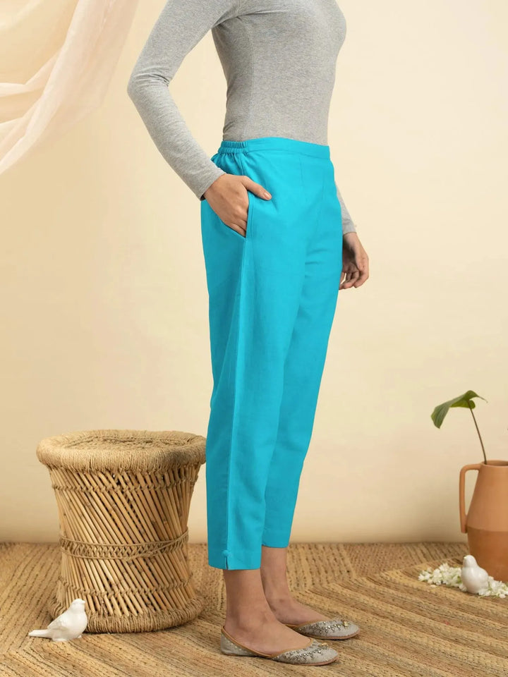 Blue Solid Cotton Trousers - Libas