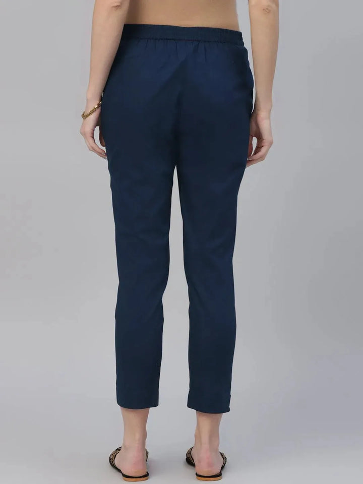 Blue Solid Cotton Trousers - Libas