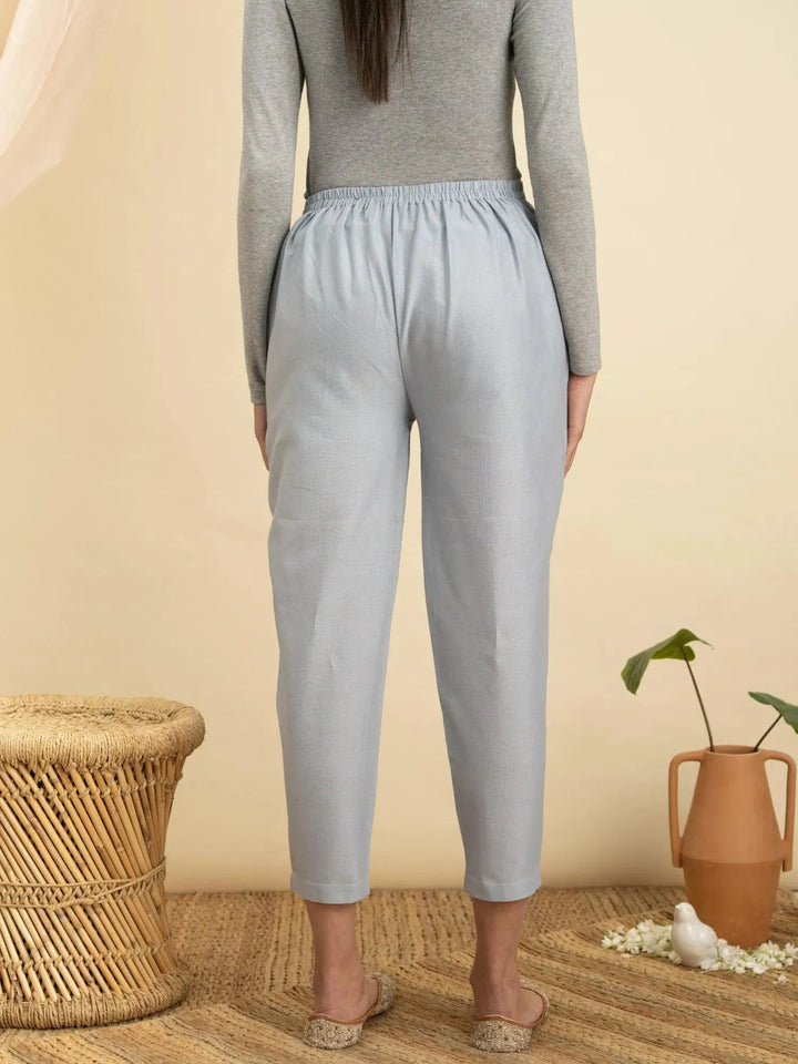 Blue Solid Cotton Trousers - Libas