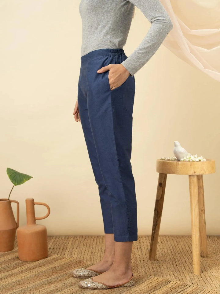 Blue Solid Cotton Trousers - Libas