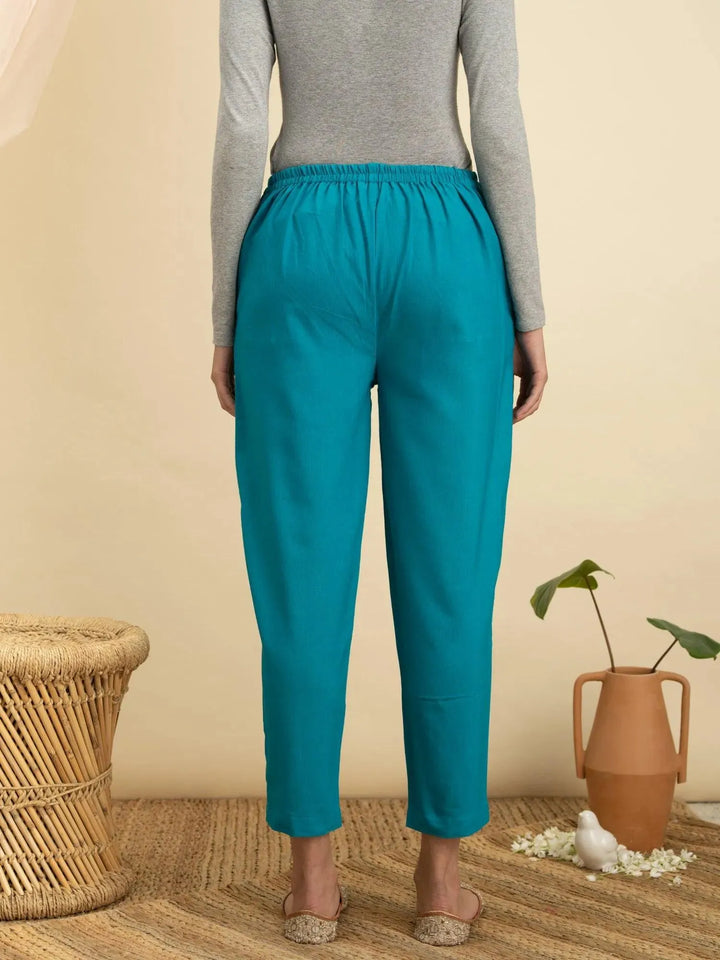 Blue Solid Cotton Trousers - Libas