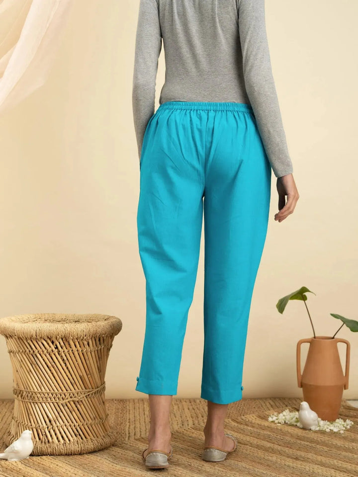 Blue Solid Cotton Trousers - Libas