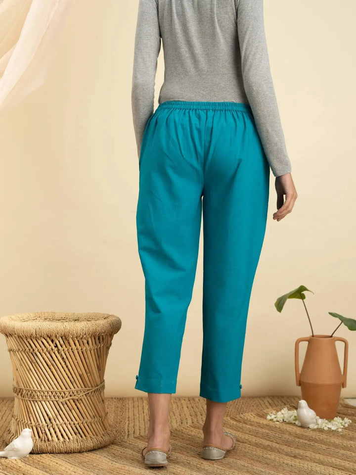 Blue Solid Cotton Trousers - Libas