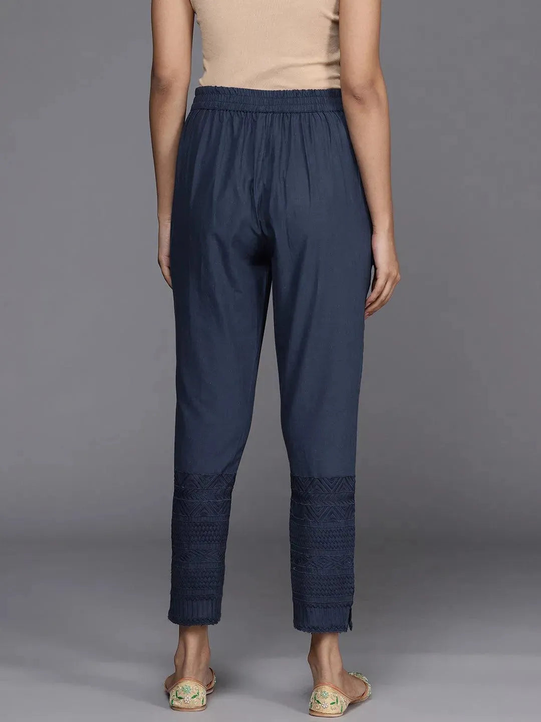 Blue Solid Cotton Trousers - Libas 