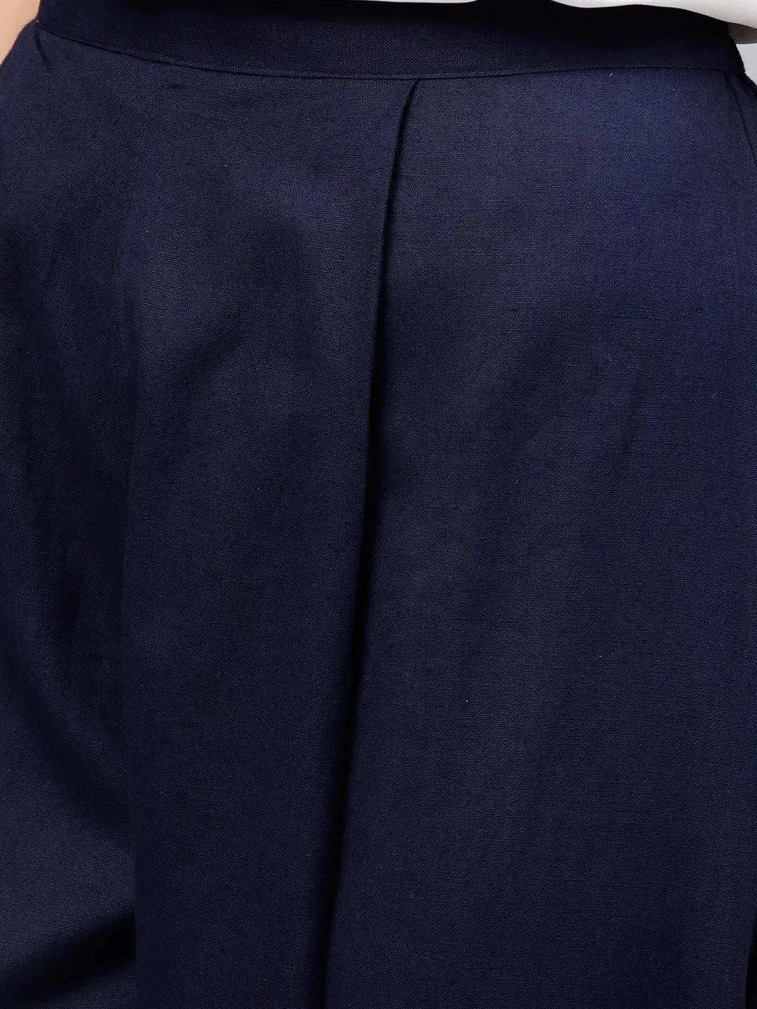 Blue Solid Cotton Trousers - Libas 