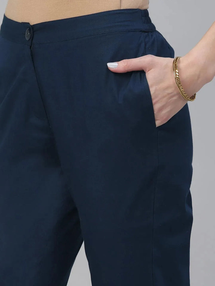 Blue Solid Cotton Trousers - Libas