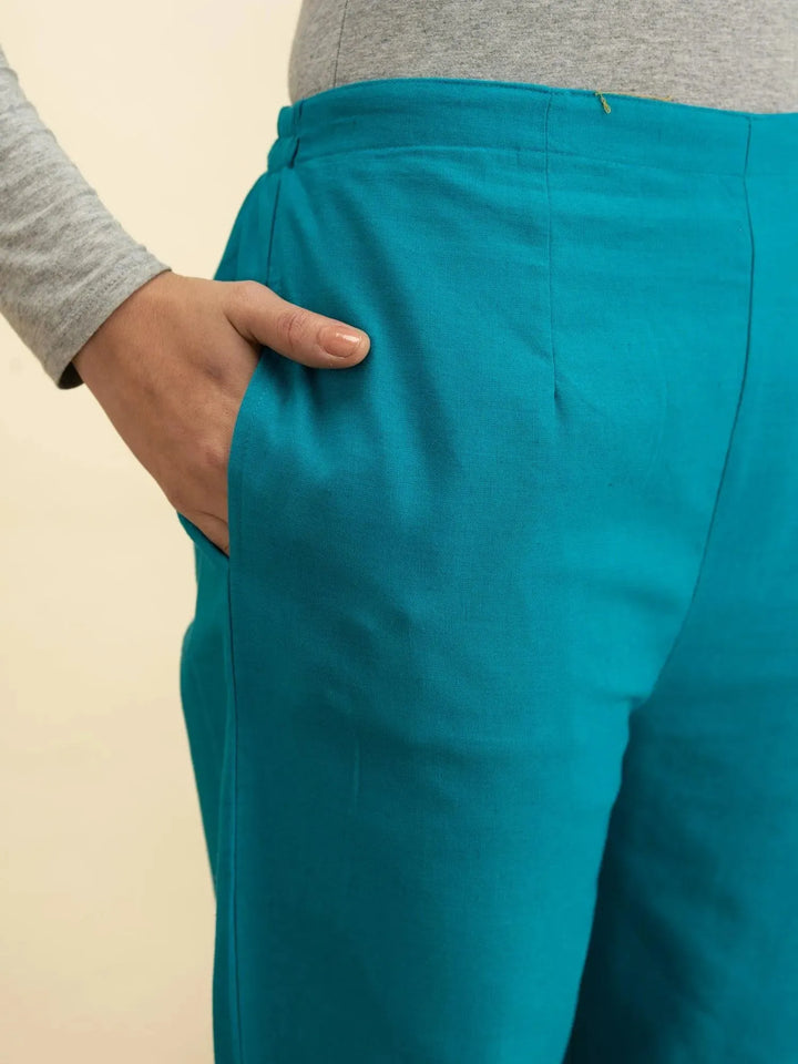 Blue Solid Cotton Trousers - Libas