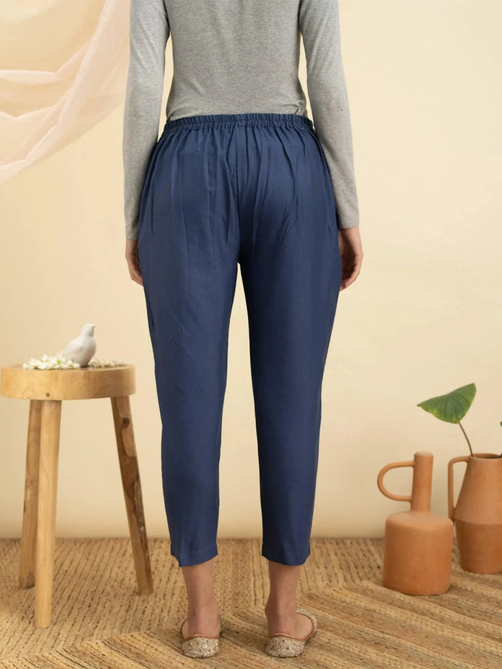 Blue Solid Cotton Trousers - Libas