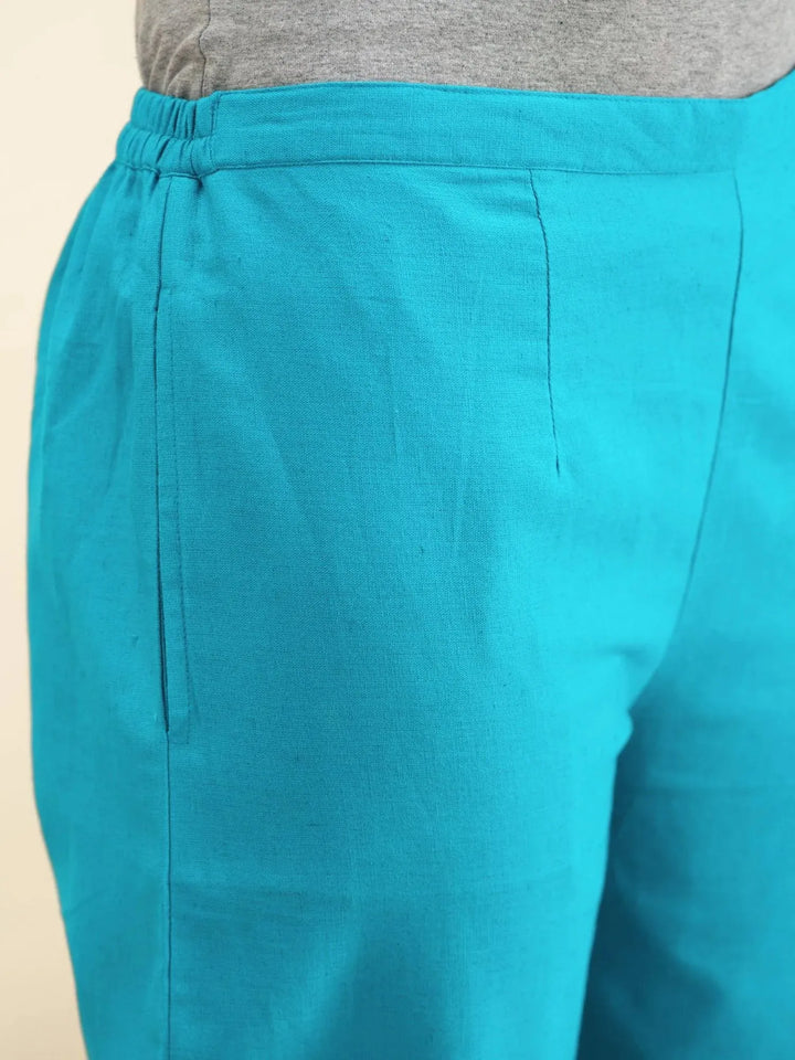 Blue Solid Cotton Trousers - Libas