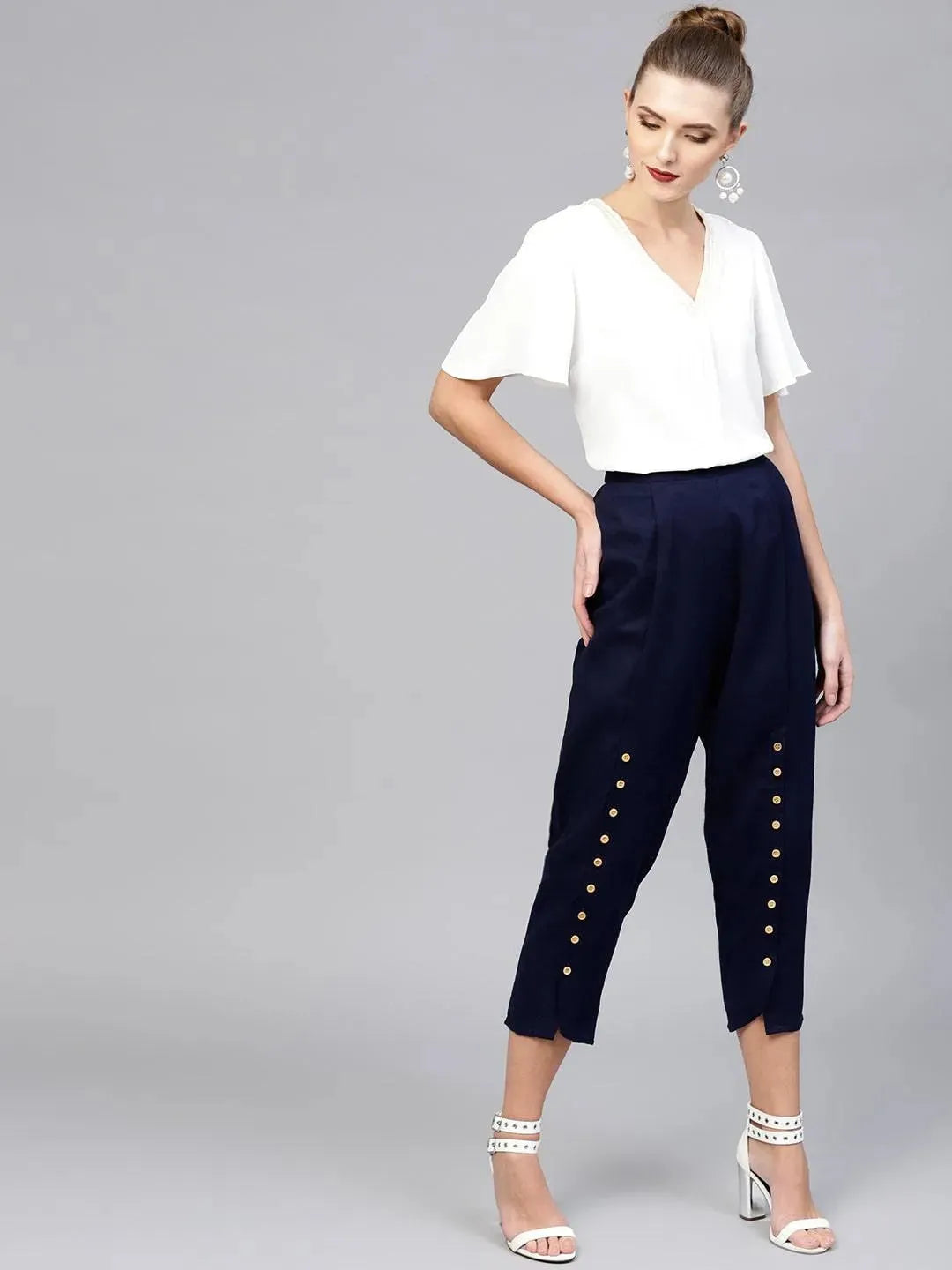 Blue Solid Cotton Trousers - Libas