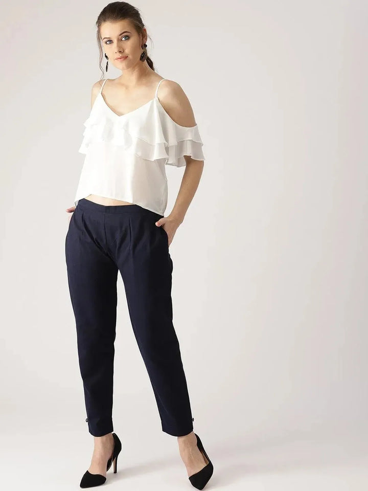 Blue Solid Cotton Trousers - Libas