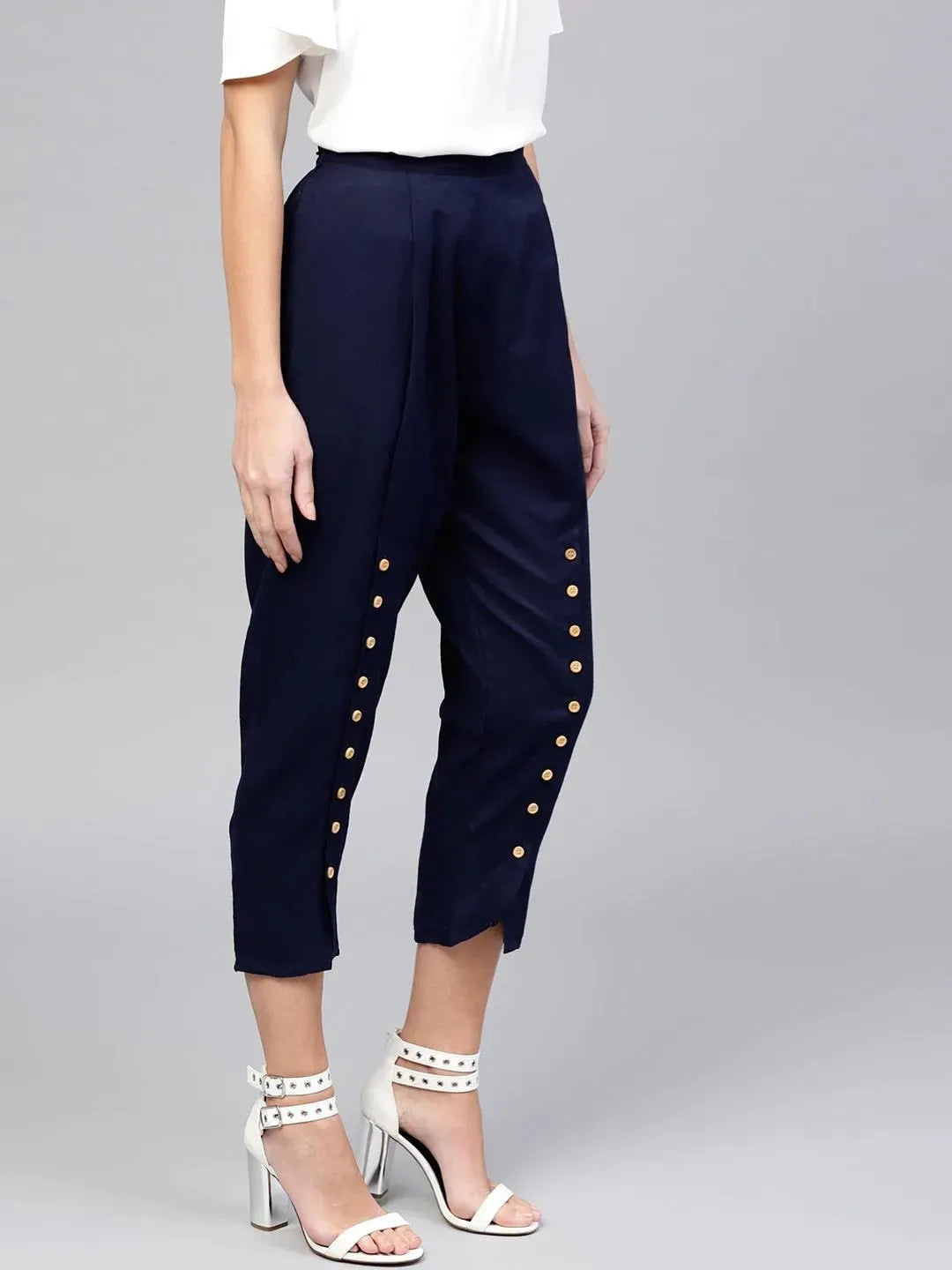 Blue Solid Cotton Trousers - Libas