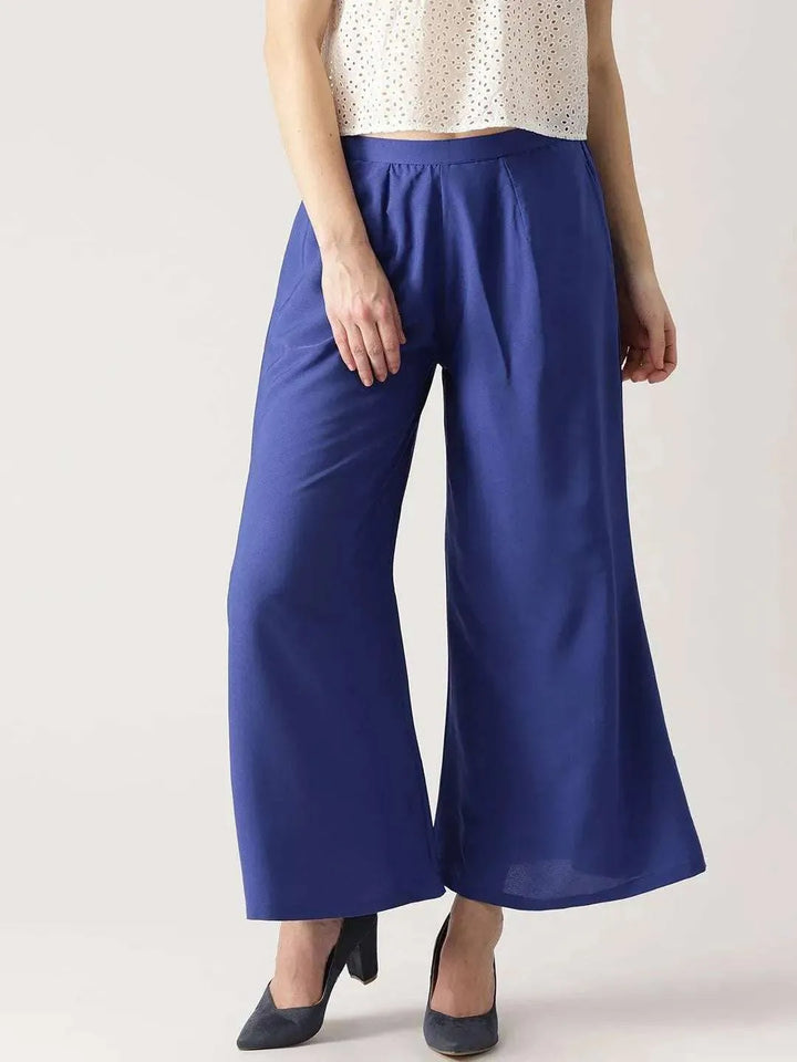 Blue Solid Crepe Palazzos - Libas