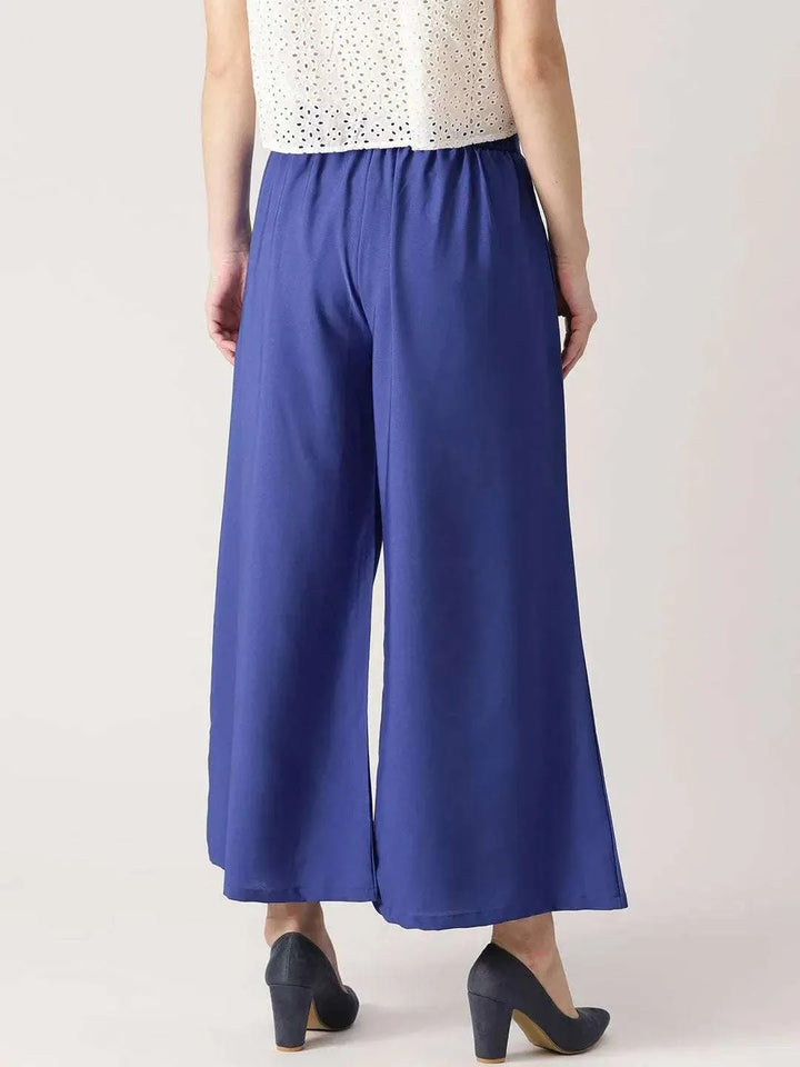Blue Solid Crepe Palazzos - Libas