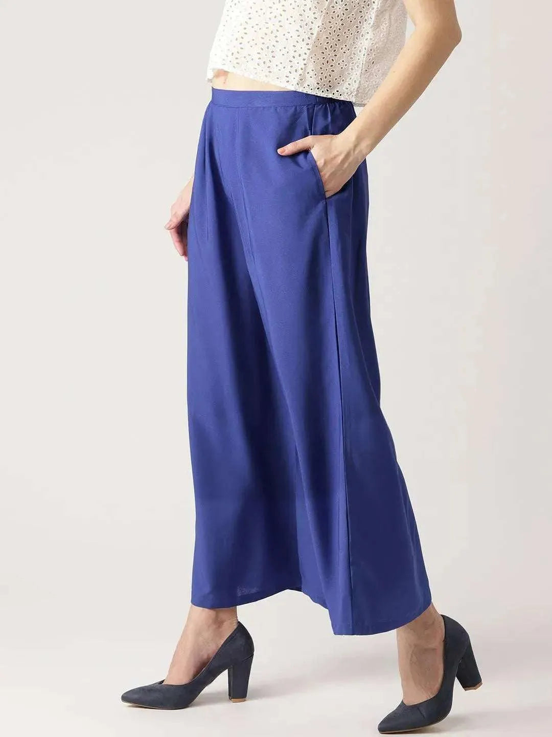 Blue Solid Crepe Palazzos - Libas 