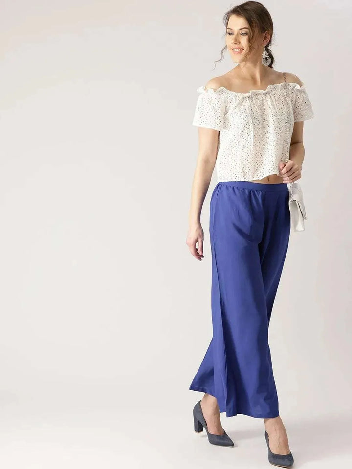 Blue Solid Crepe Palazzos - Libas