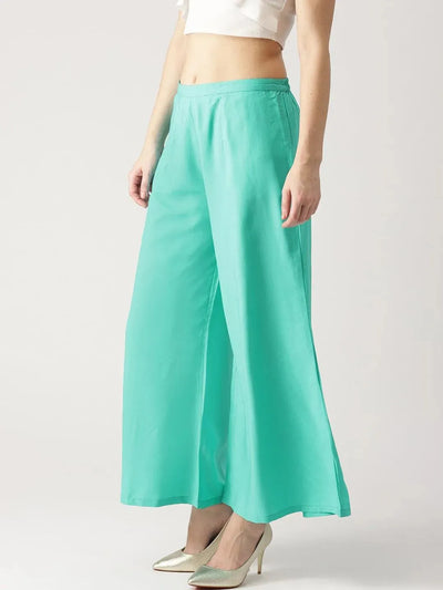Blue Solid Crepe Palazzos - Libas