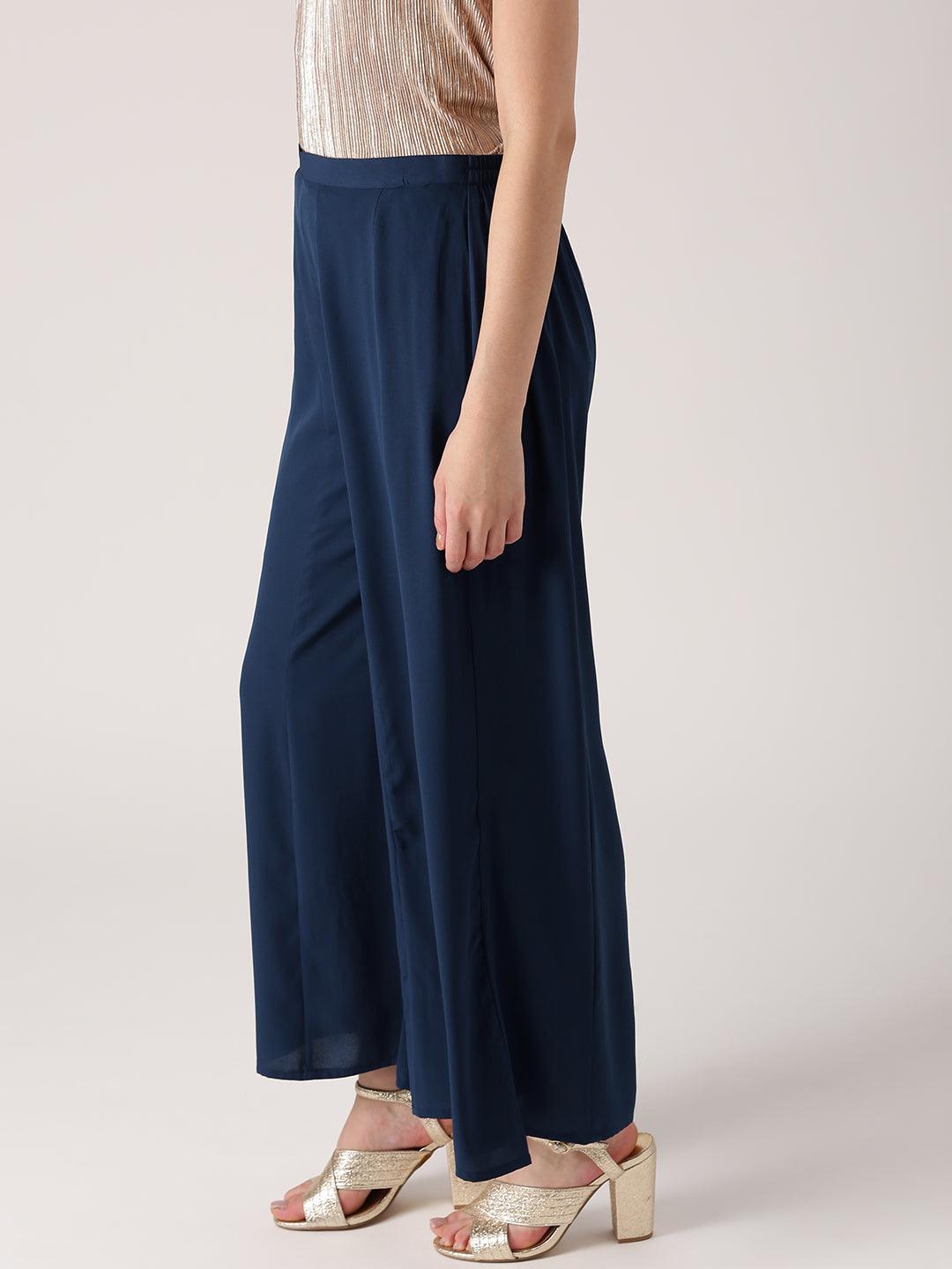 Blue Solid Crepe Palazzos