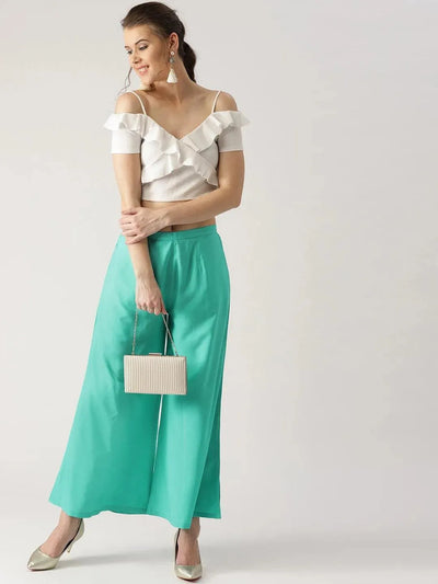 Blue Solid Crepe Palazzos - Libas