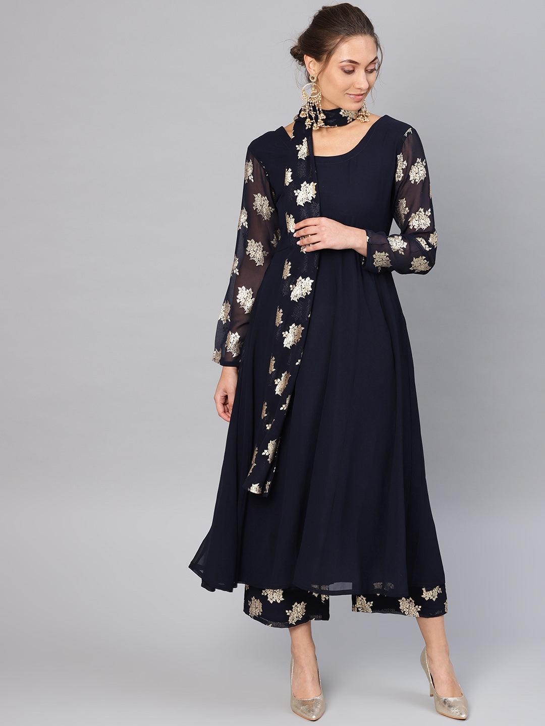 Blue Solid Georgette Anarkali Kurta With Palazzos & Stole
