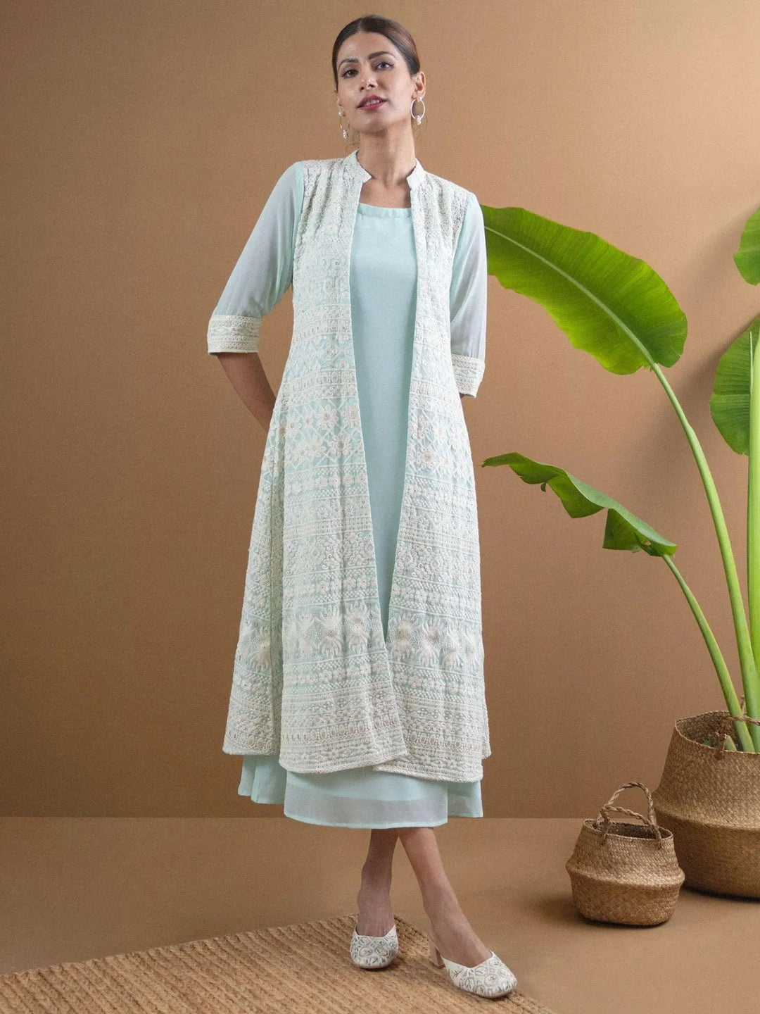 Blue Solid Georgette Dress With Shrug - Libas