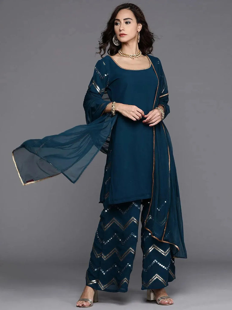 Libas Blue Solid Georgette Straight Kurta With Palazzos & Dupatta