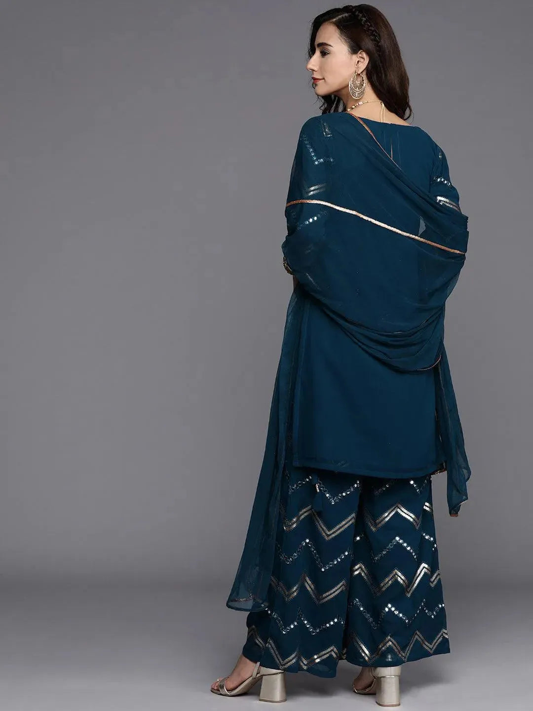 Blue Solid Rayon A-Line Kurta With Palazzos & Dupatta