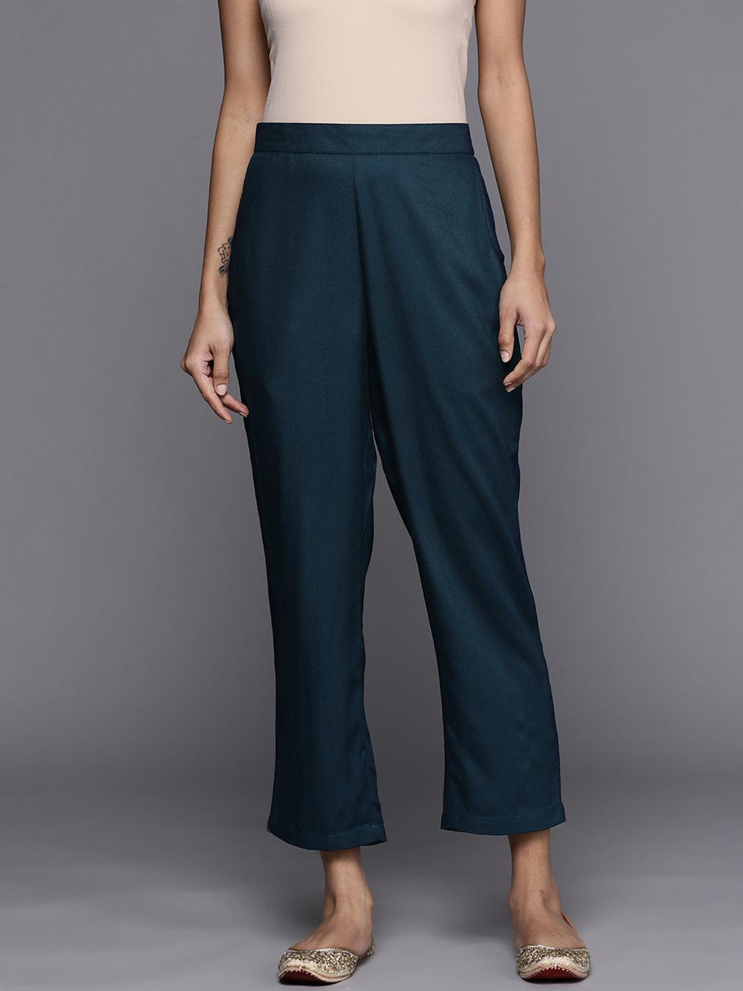 Blue Solid Pashmina Wool Trousers - Libas