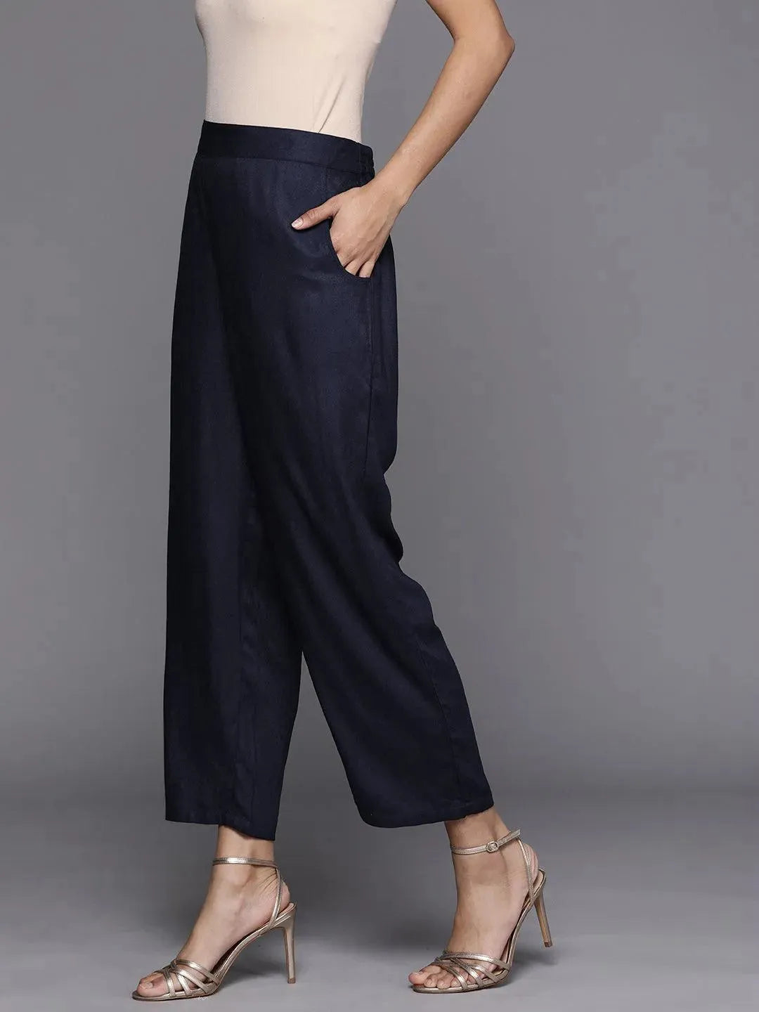 Blue Solid Pashmina Wool Trousers - Libas 