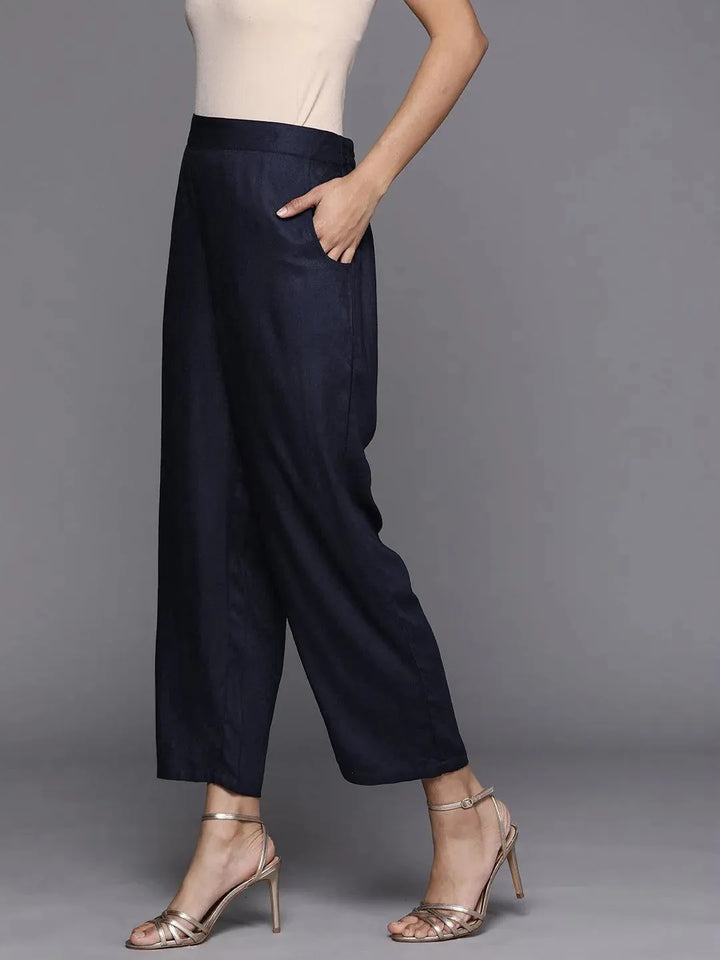Blue Solid Pashmina Wool Trousers - Libas