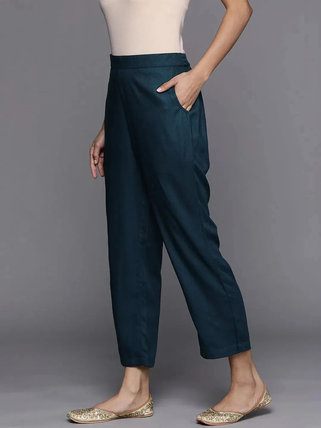 Blue Solid Pashmina Wool Trousers - Libas 