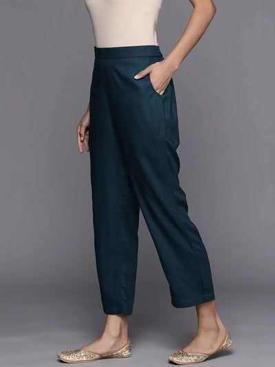 Blue Solid Pashmina Wool Trousers - Libas