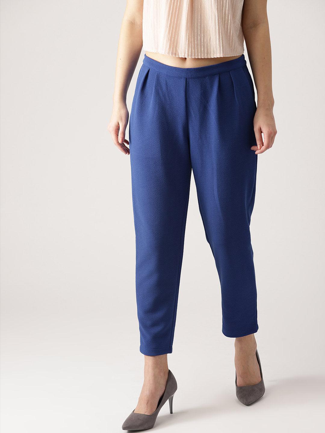 Blue Solid Polyester Trousers