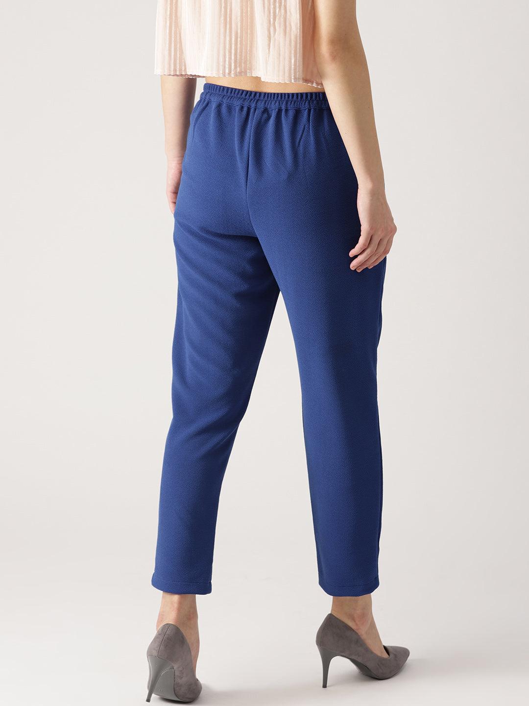 Blue Solid Polyester Trousers