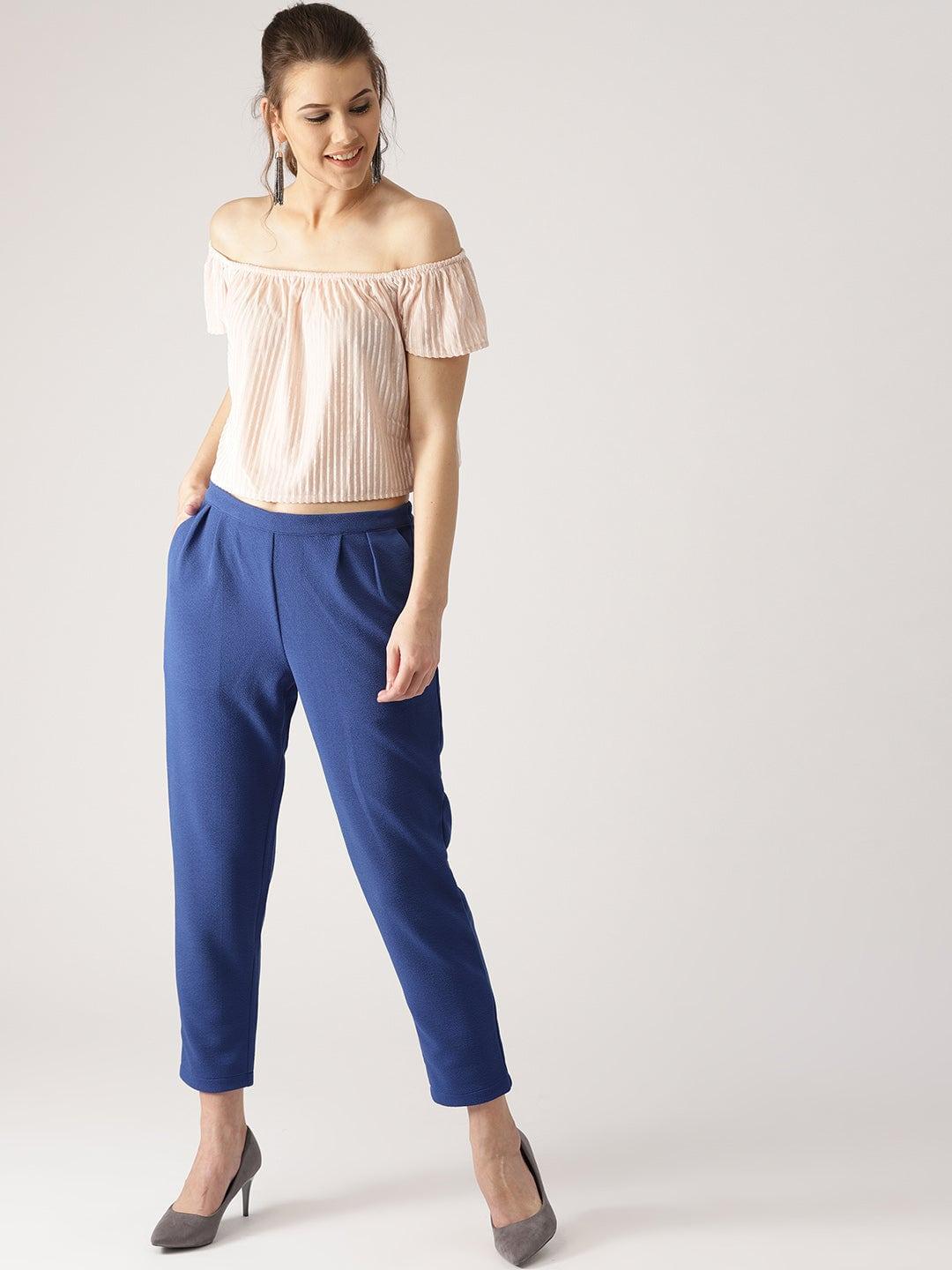 Blue Solid Polyester Trousers - Libas