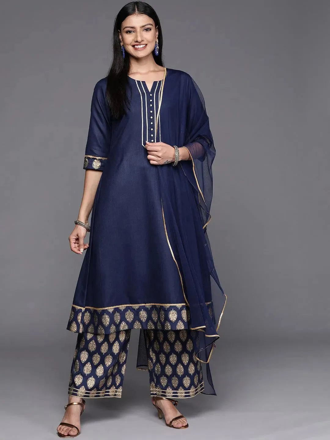 

Blue Solid Rayon A-Line Kurta With Palazzos & Dupatta