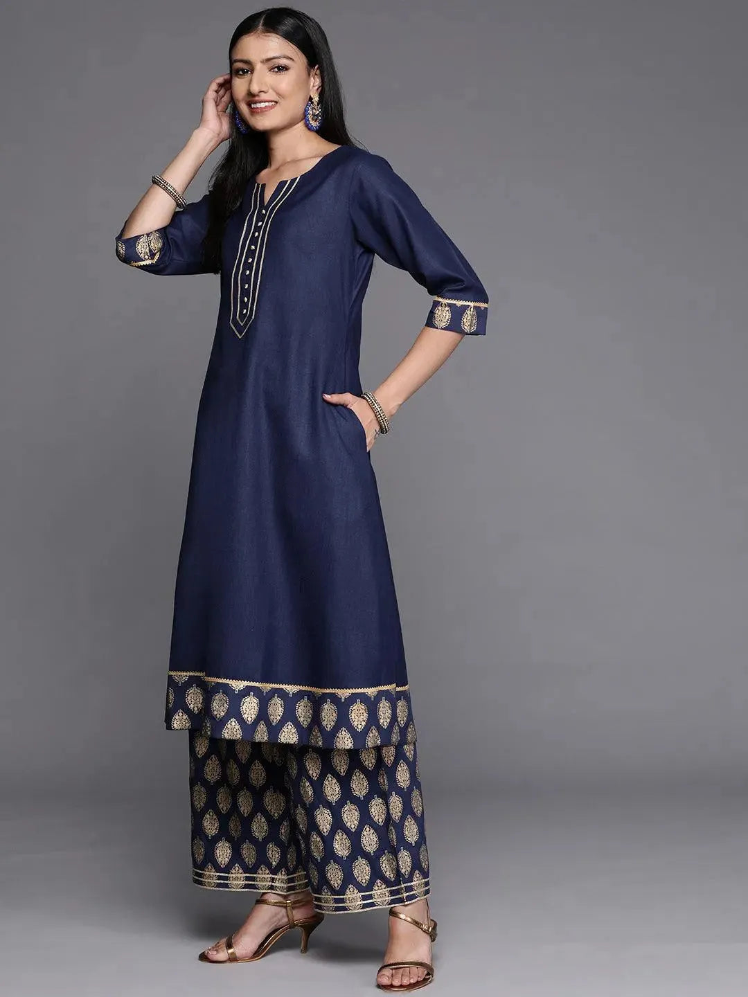 Blue Solid Rayon A-Line Suit Set - Libas 