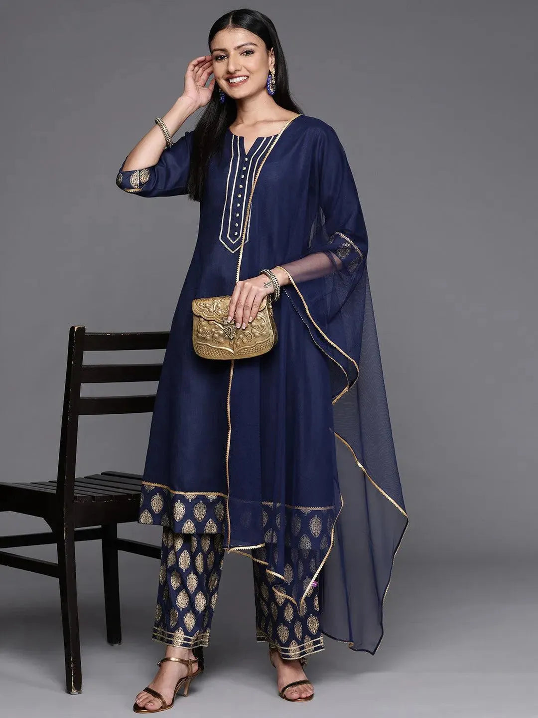 Blue Solid Rayon A-Line Suit Set - Libas 